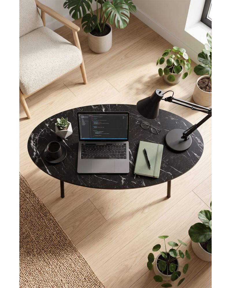 Siyah Oval Orta Sehpa Metal Ayaklı