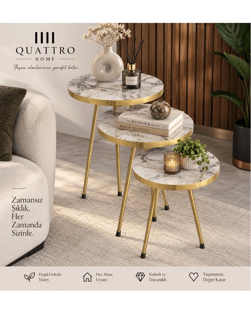 Beyaz ve Gold Metal Ayaklı 3'lü Zigon Sehpa Seti