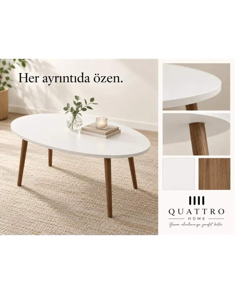 Torna Ayaklı Oval Orta Sehpa Beyaz