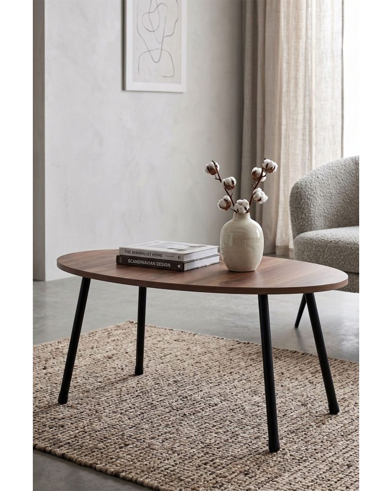 Ceviz Desenli Metal Ayaklı Oval Orta Sehpa