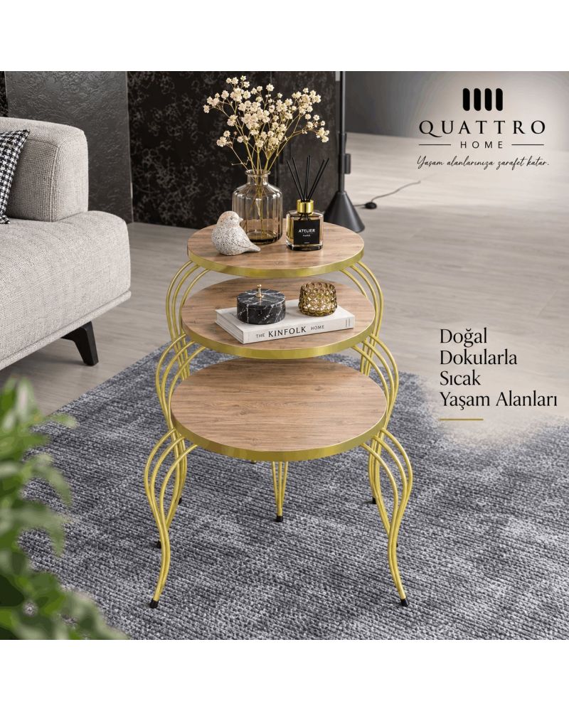 Lükens Ayaklı Çam Desenli 3'lü Zigon Sehpa Takımı