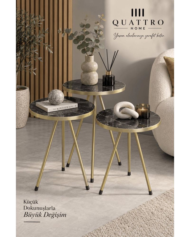 Siyah Mermer Desenli Gold Metal 3'lü Zigon Sehpa Seti