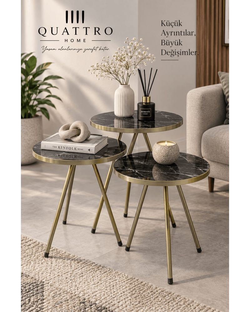 Siyah Mermer Desenli Gold Metal 3'lü Zigon Sehpa Seti